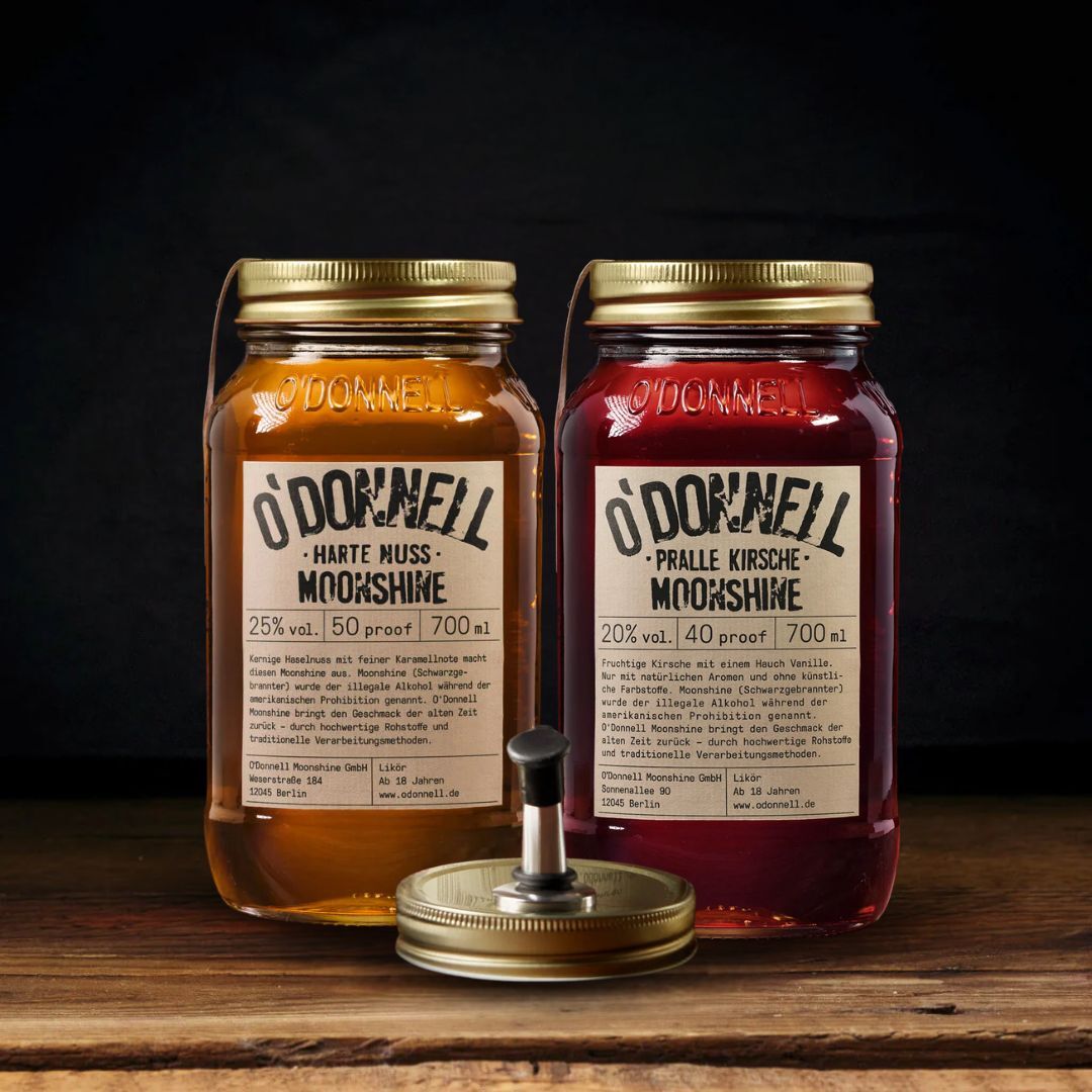 O’Donnell Moonshine 2er Bestseller Bundle – 1x Pralle Kirsche & 1x Harte Nuss Likör 700ml im Mason Jar
