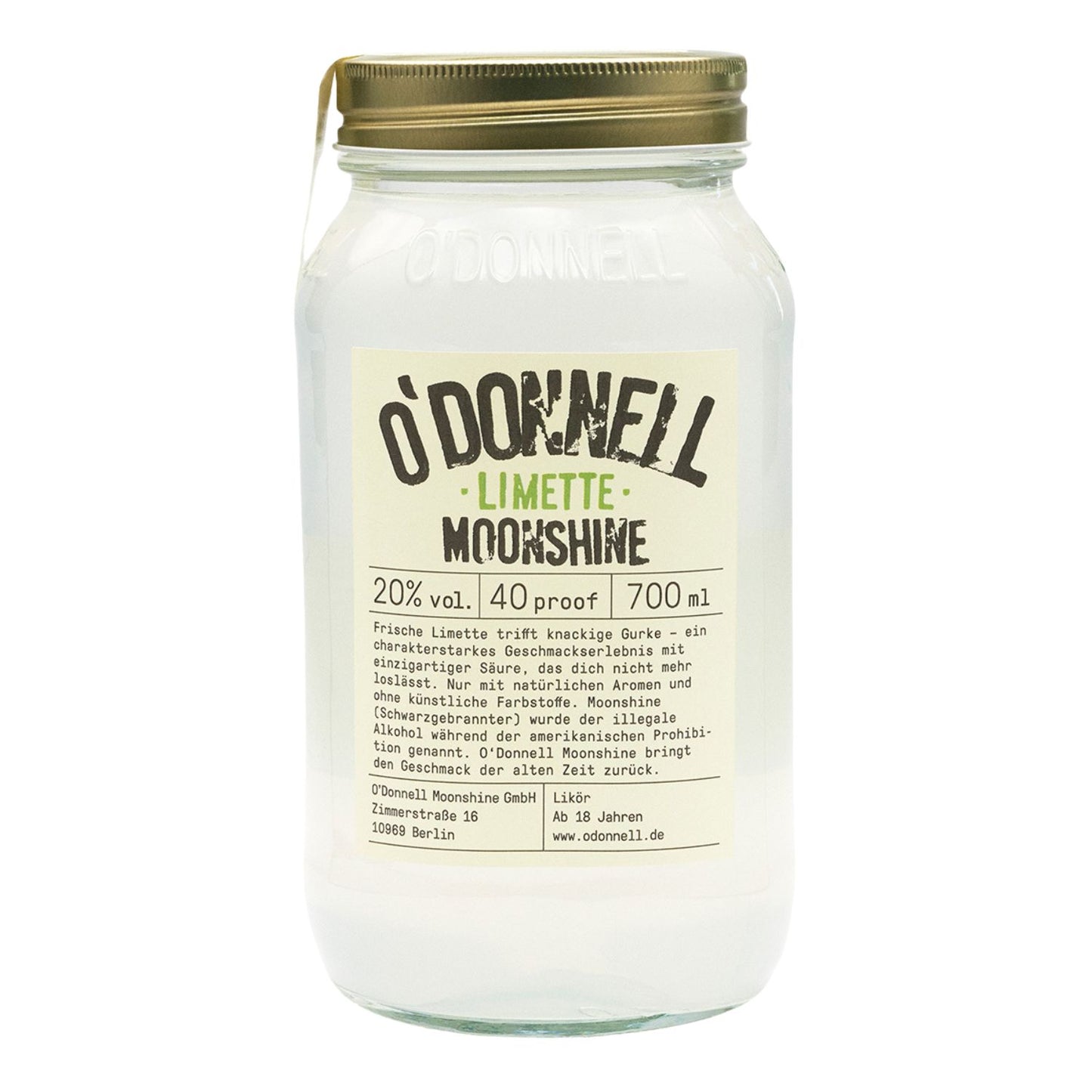 O'Donnell Limette Moonshine-Glas auf weißem Hintergrund