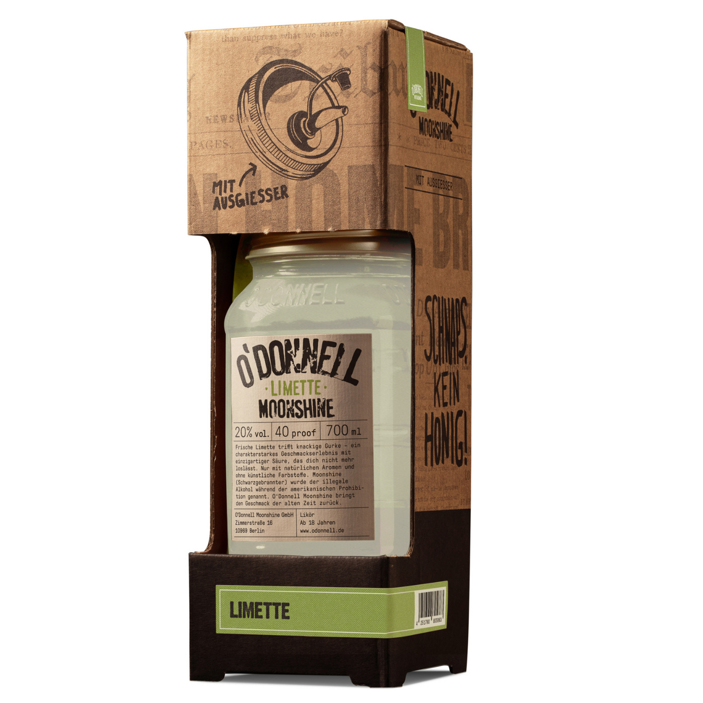 O'Donnell Moonshine Limette 700ml im Geschenkkarton mit Ausgießer – Kombi-Freisteller auf weißem Hintergrund, PDP-Produktbild