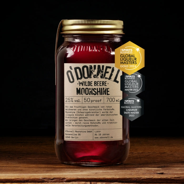 O’Donnell Moonshine - Wilde Beere Likör 700ml - The Spirits Business "Global Liqueur Masters" Gold und Master Abzeichen - "Global Masters Liqueur Taste Master"