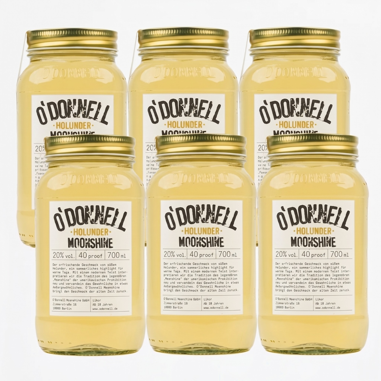 Das Produktbild des 6er Bundle vom O'Donnell Moonshine 700ml Holunder Mason Jar mit 20% vol.