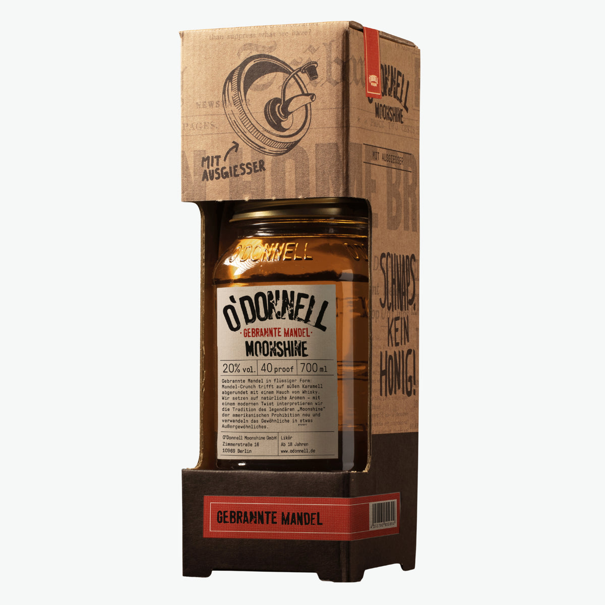 O'Donnell Moonshine Likör Gebrannte Mandel (700ml) im Einmachglas mit Kartonverpackung inklusive Ausgießer.