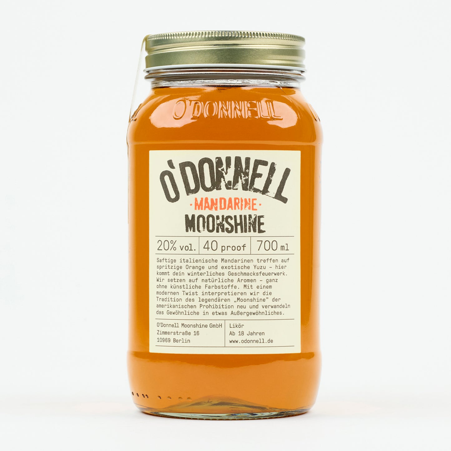 O'Donnell Moonshine Mandarine 700ml – Einzelflasche freigestellt auf weißem Hintergrund, Frontalansicht, PDP-Produktbild