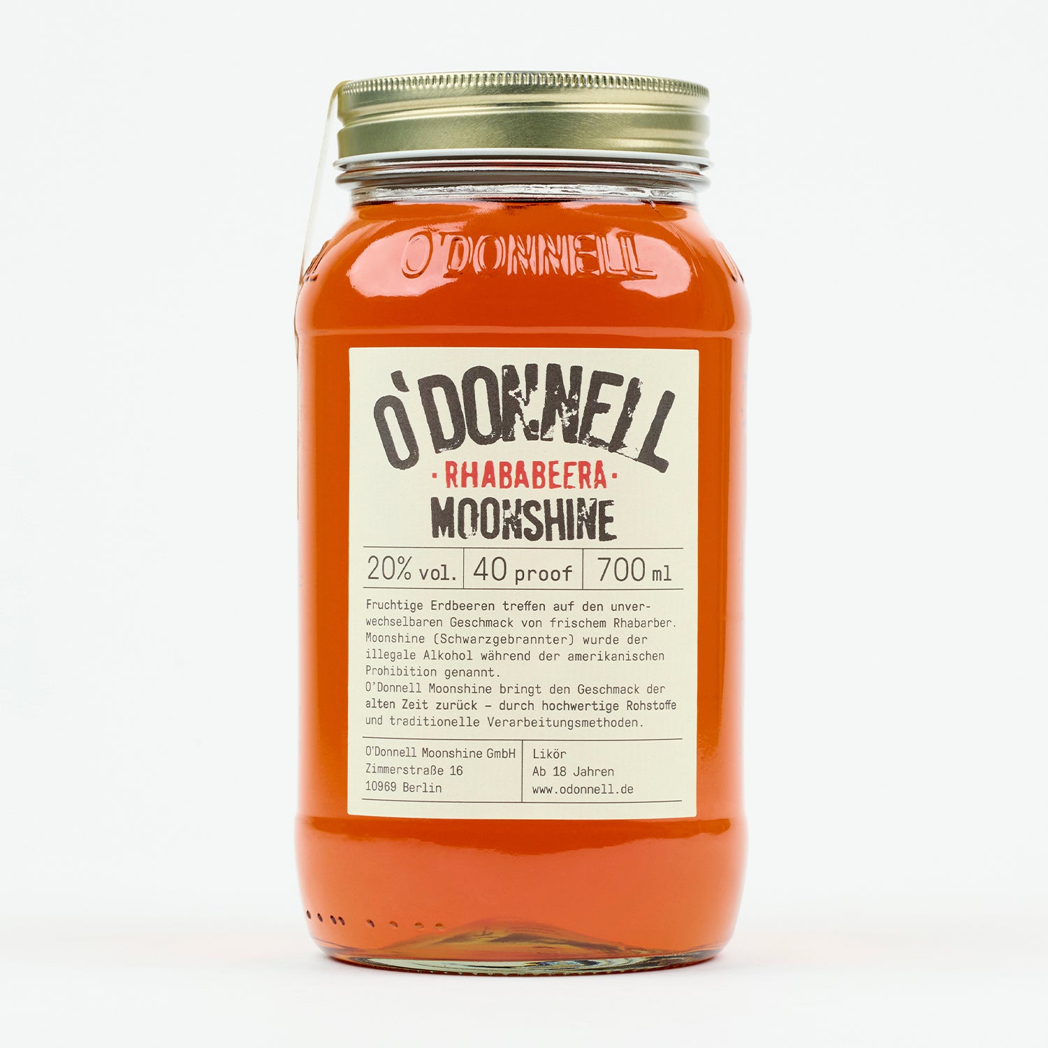 O'Donnell Moonshine Rhababeera 700ml – Einzelflasche freigestellt auf weißem Hintergrund, Frontalansicht, PDP-Produktbild