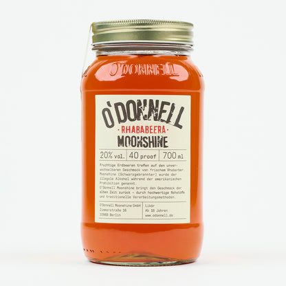 O'Donnell Moonshine Rhababeera 700ml – Einzelflasche freigestellt auf weißem Hintergrund, Frontalansicht, PDP-Produktbild