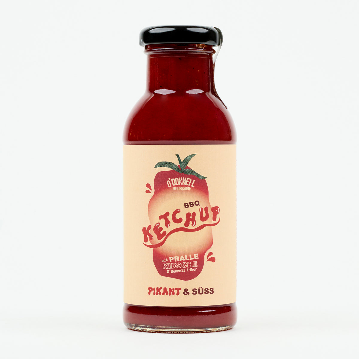 O'Donnell Moonshine BBQ Ketchup Flasche – Pikant & Süss, freigestellt auf hellem Hintergrund, Frontalansicht