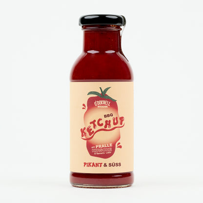 O'Donnell Moonshine BBQ Ketchup Flasche – Pikant & Süss, freigestellt auf hellem Hintergrund, Frontalansicht
