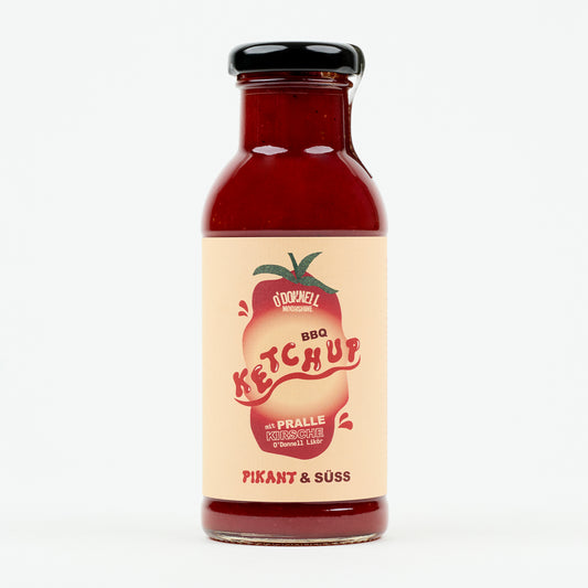 O'Donnell Moonshine BBQ Ketchup Flasche – Pikant & Süss, freigestellt auf hellem Hintergrund, Frontalansicht