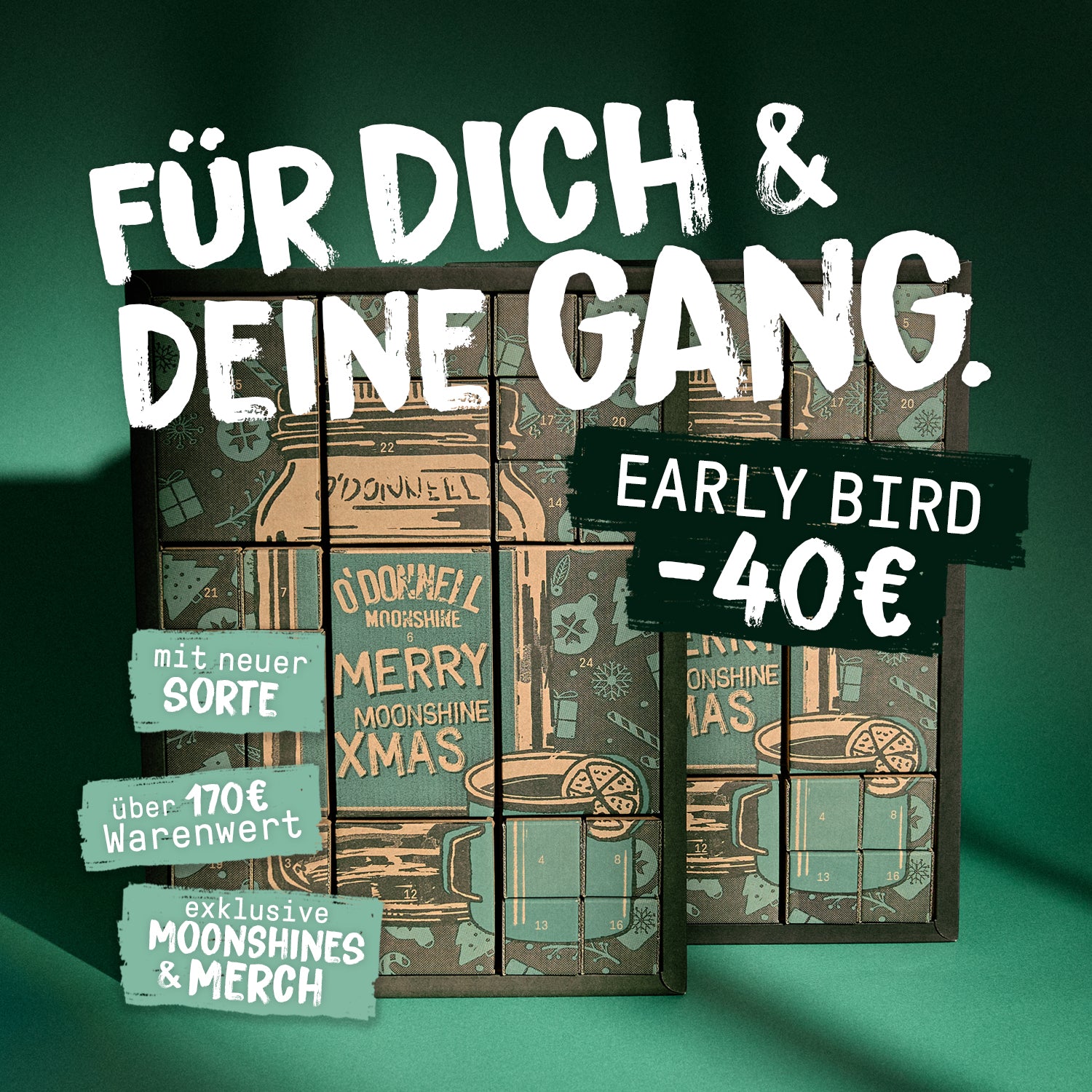 Adventskalender auf grünem Hintergrund mit dem Text 'der likor kalender der jahres! fur dich & deine gang early bird -40€