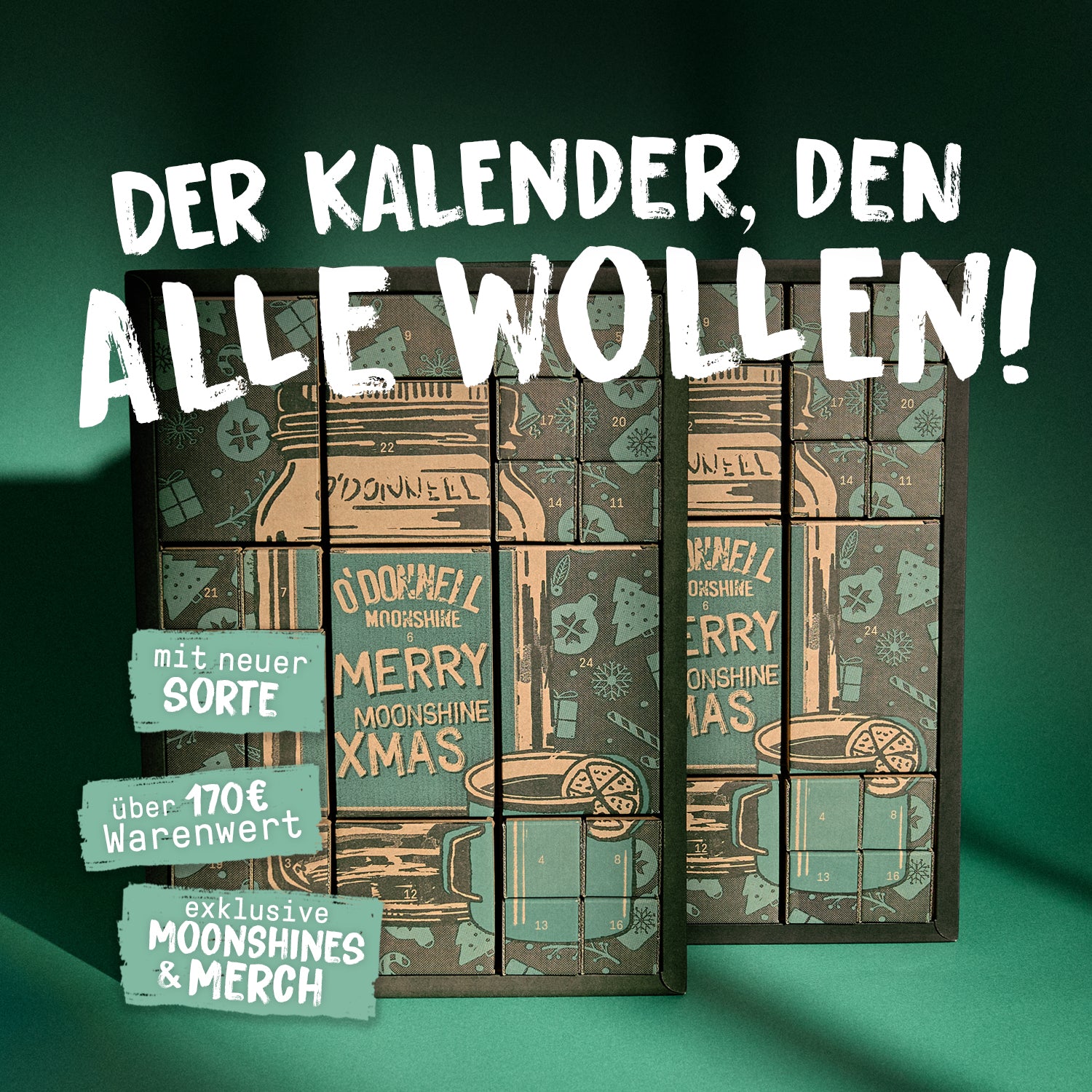 Zwei Adventskalender auf grünem Hintergrund mit dem Text der kalener, den alle wollen