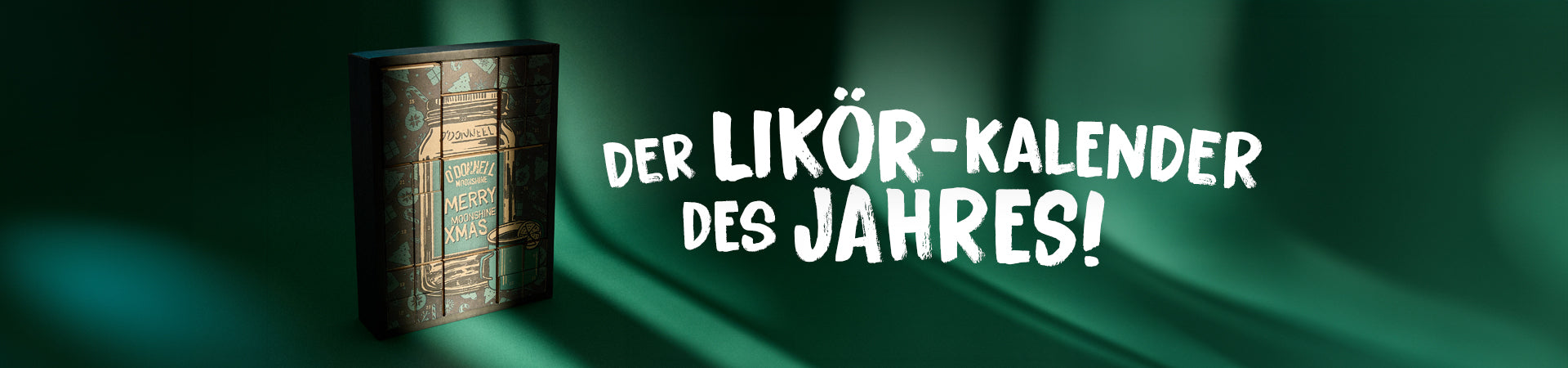 Adventskalender auf grünem Hintergrund mit dem Text 'der likor kalender der jahres!