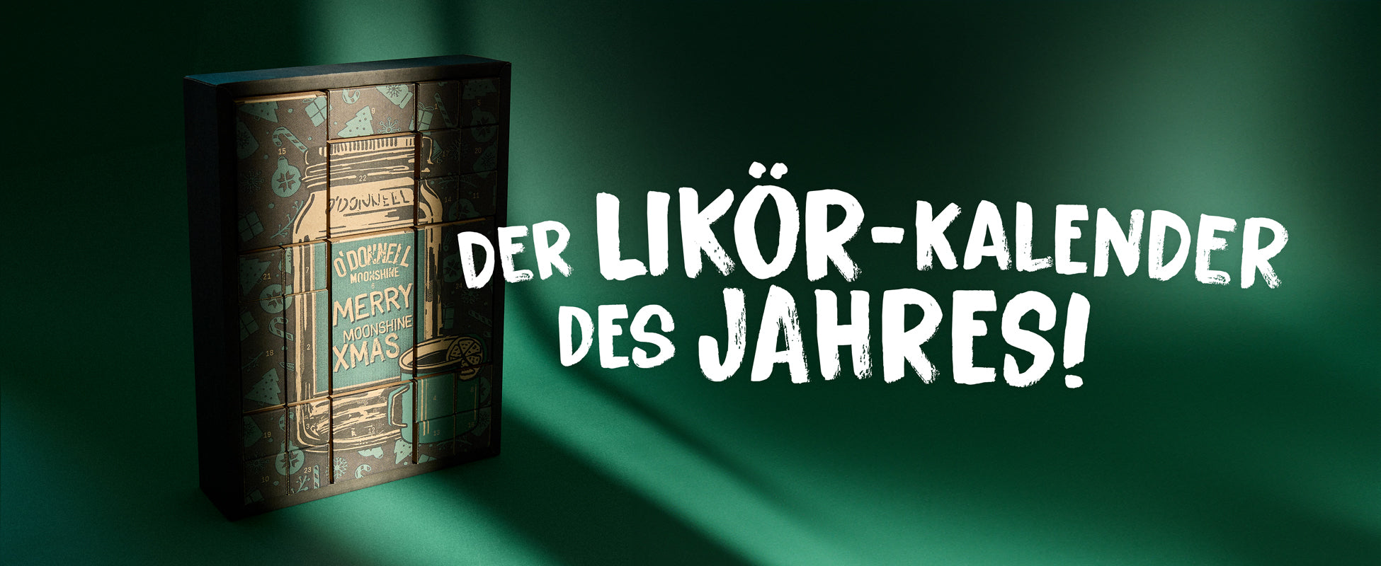 Adventskalender auf grünem Hintergrund mit dem Text 'der likor kalender der jahres!