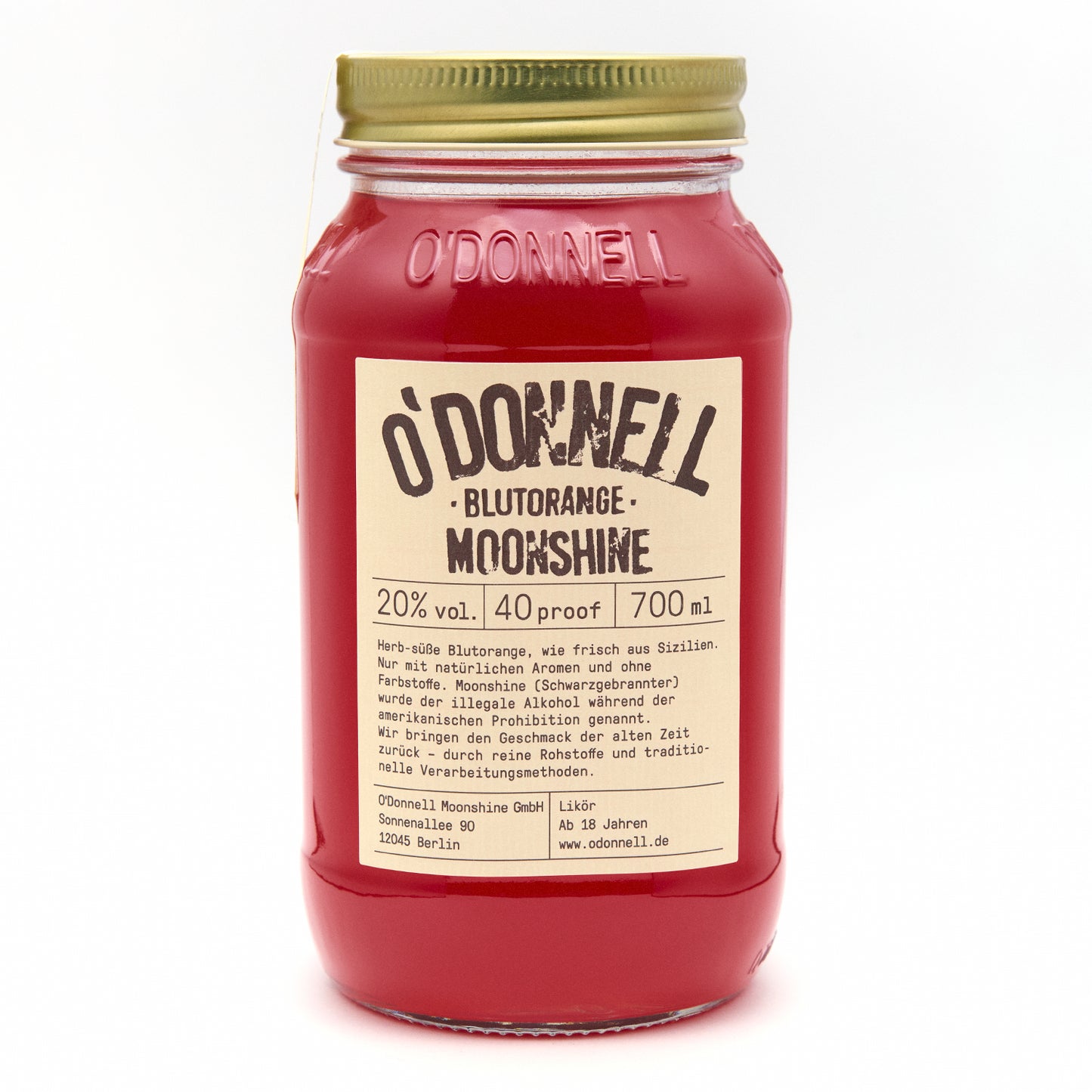 O'Donnell Blutorange 700ml Moonshine auf weißem Hintergrund