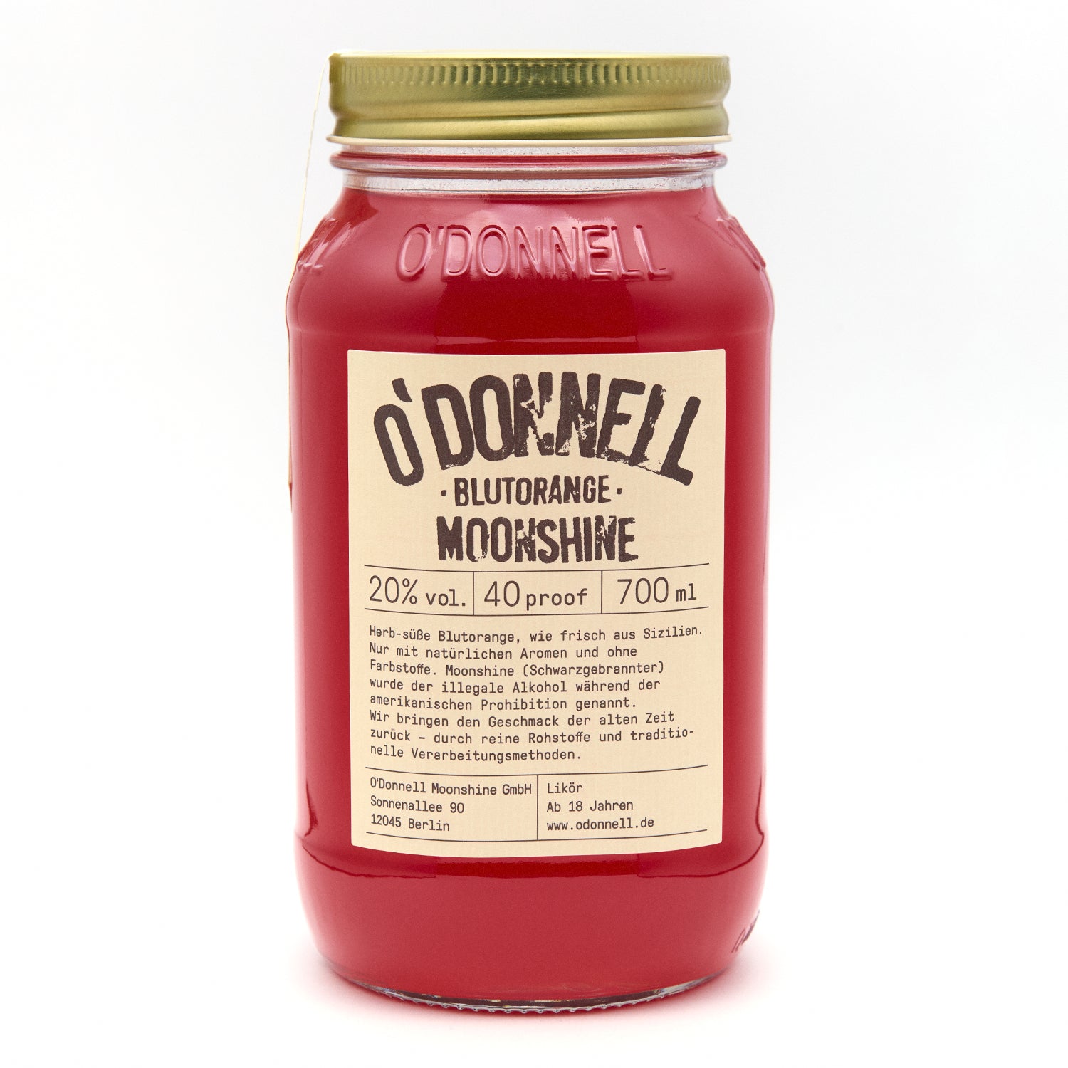 O'Donnell Blutorange 700ml Moonshine auf weißem Hintergrund