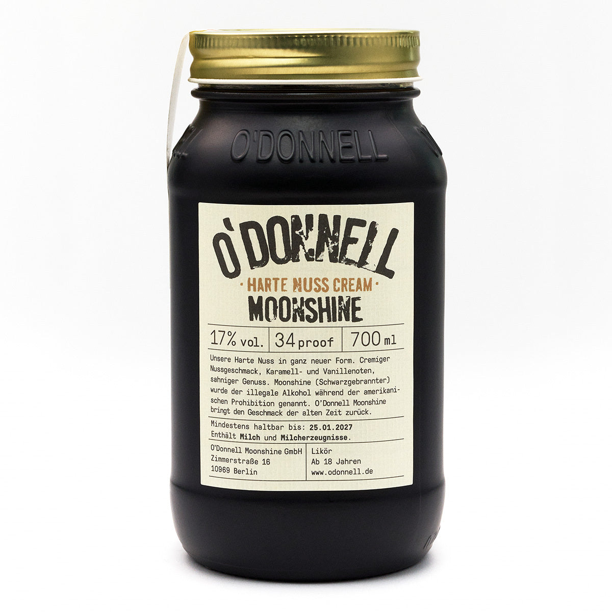 O'Donnell Harte Nuss Cream Moonshine-Glas auf weißem Hintergrund