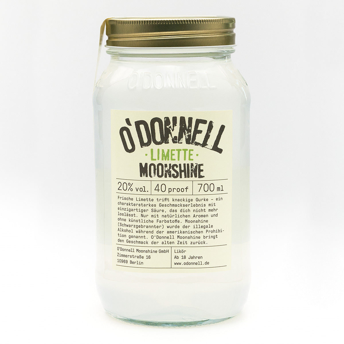 O'Donnell Limette Moonshine-Glas auf weißem Hintergrund