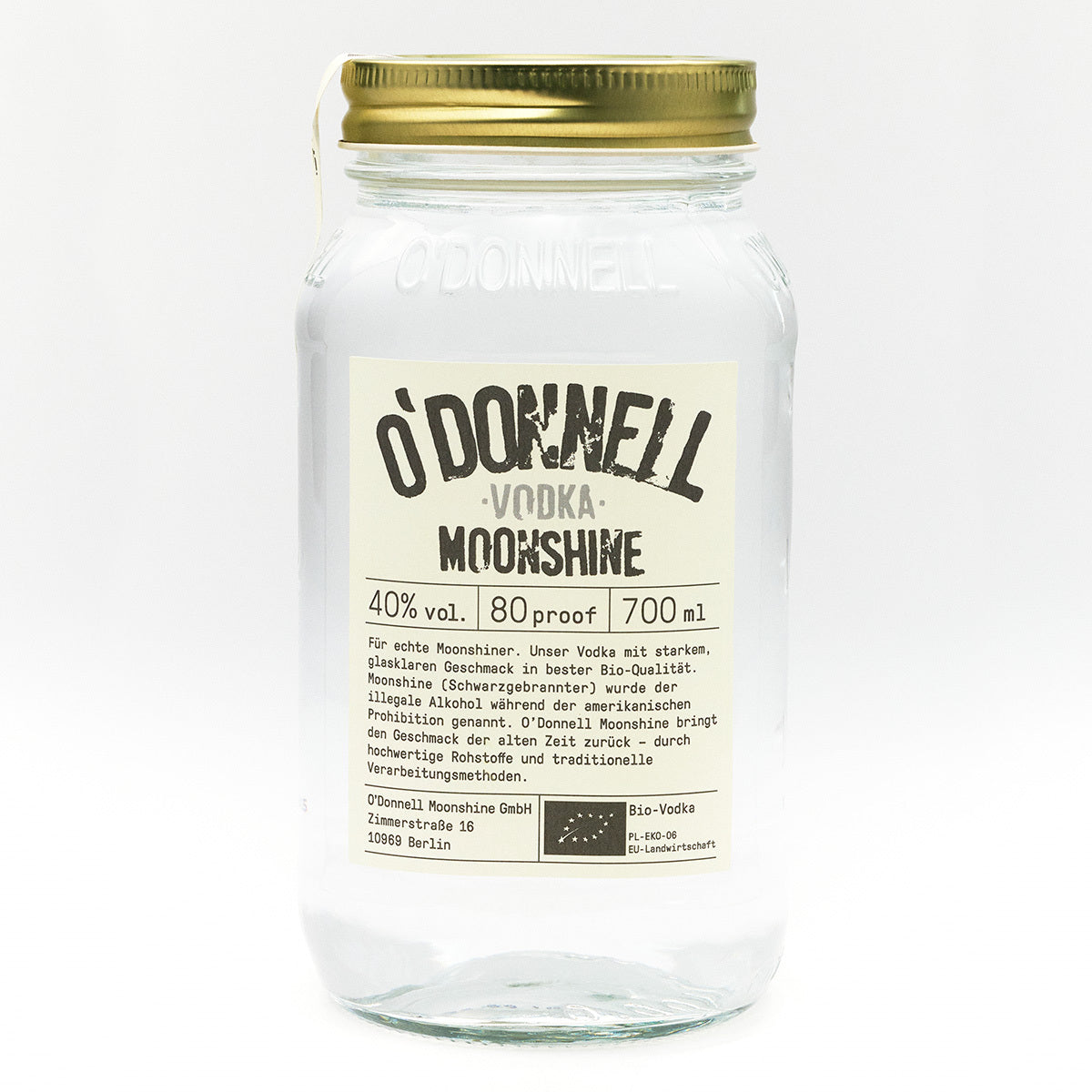 O'Donnell Vodka Moonshine-Glas auf weißem Hintergrund