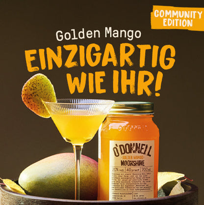 O'Donnell Moonshine Mango Martini mit "Einzigartig wie ihr!"-Schriftzug.