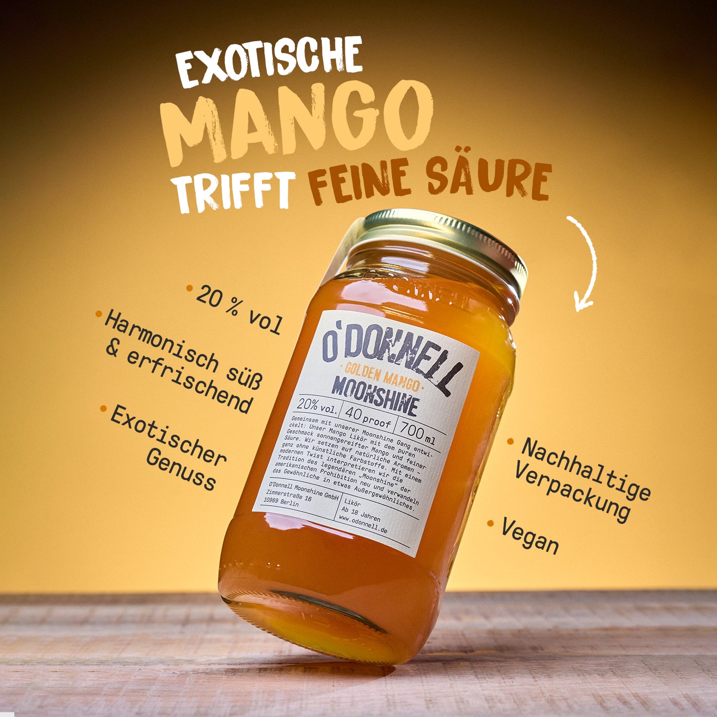 Ein O'Donnell Moonshine-Glas mit der Aufschrift „Mango Liquor“ und USP-Angaben rundherum sowie einer Überschrift.