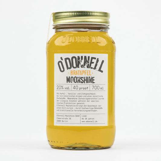 O'Donnell Moonshine Bratapfel Likör in einem klaren 700ml Einmachglas.