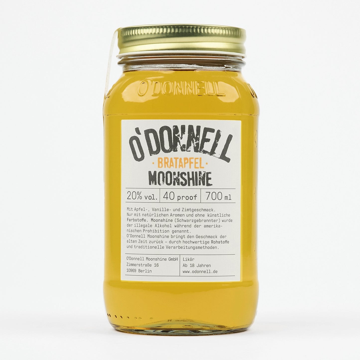 O'Donnell Moonshine Bratapfel Likör in einem klaren 700ml Einmachglas.