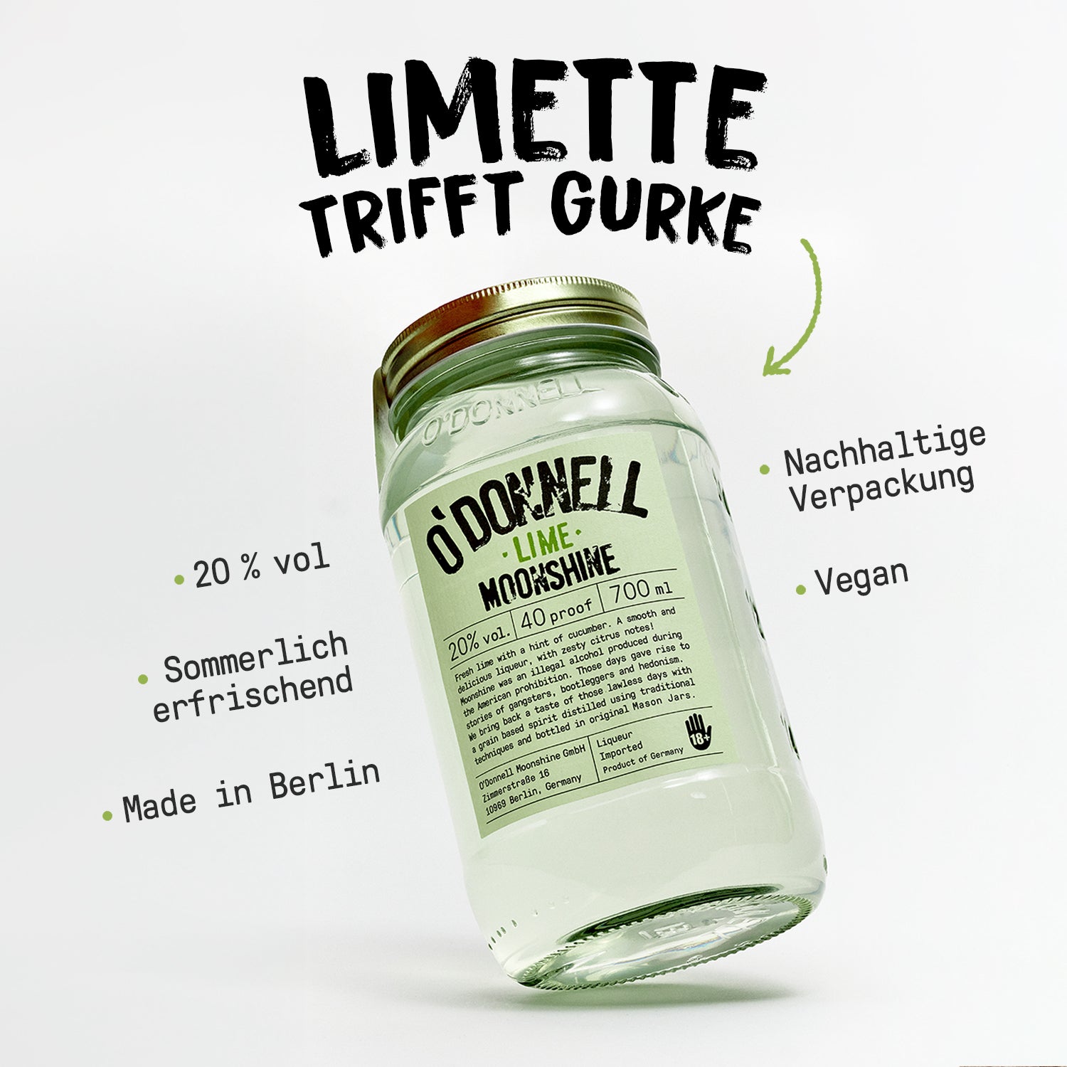 O'Donnell Moonshine Limette 700ml – USP-Bild „Limette trifft Gurke", 20% vol, sommerlich erfrischend, Made in Berlin, nachhaltige Verpackung, vegan
