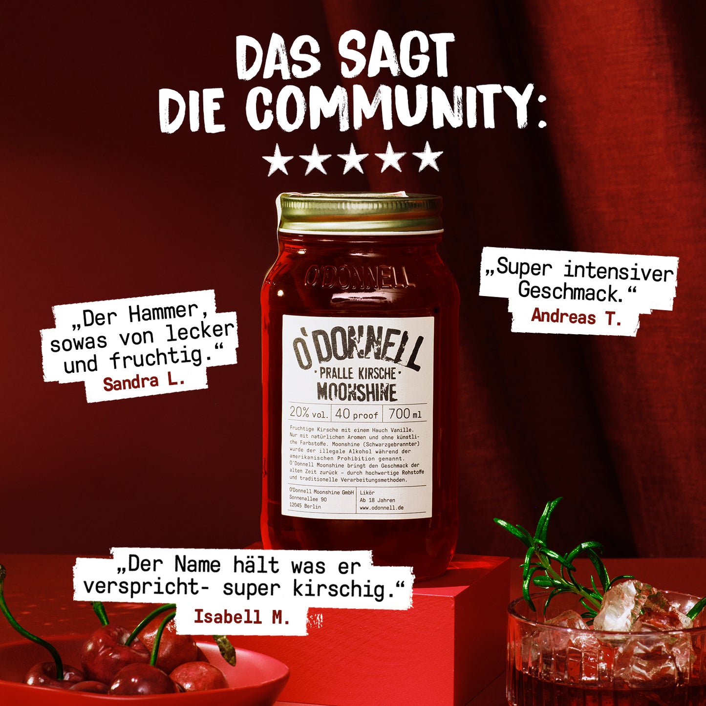 O'Donnell Moonshine Pralle Kirsche – Kundenbewertungen: „Das sagt die Community" mit 5 Sternen und Zitaten, roter Hintergrund mit Kirschen