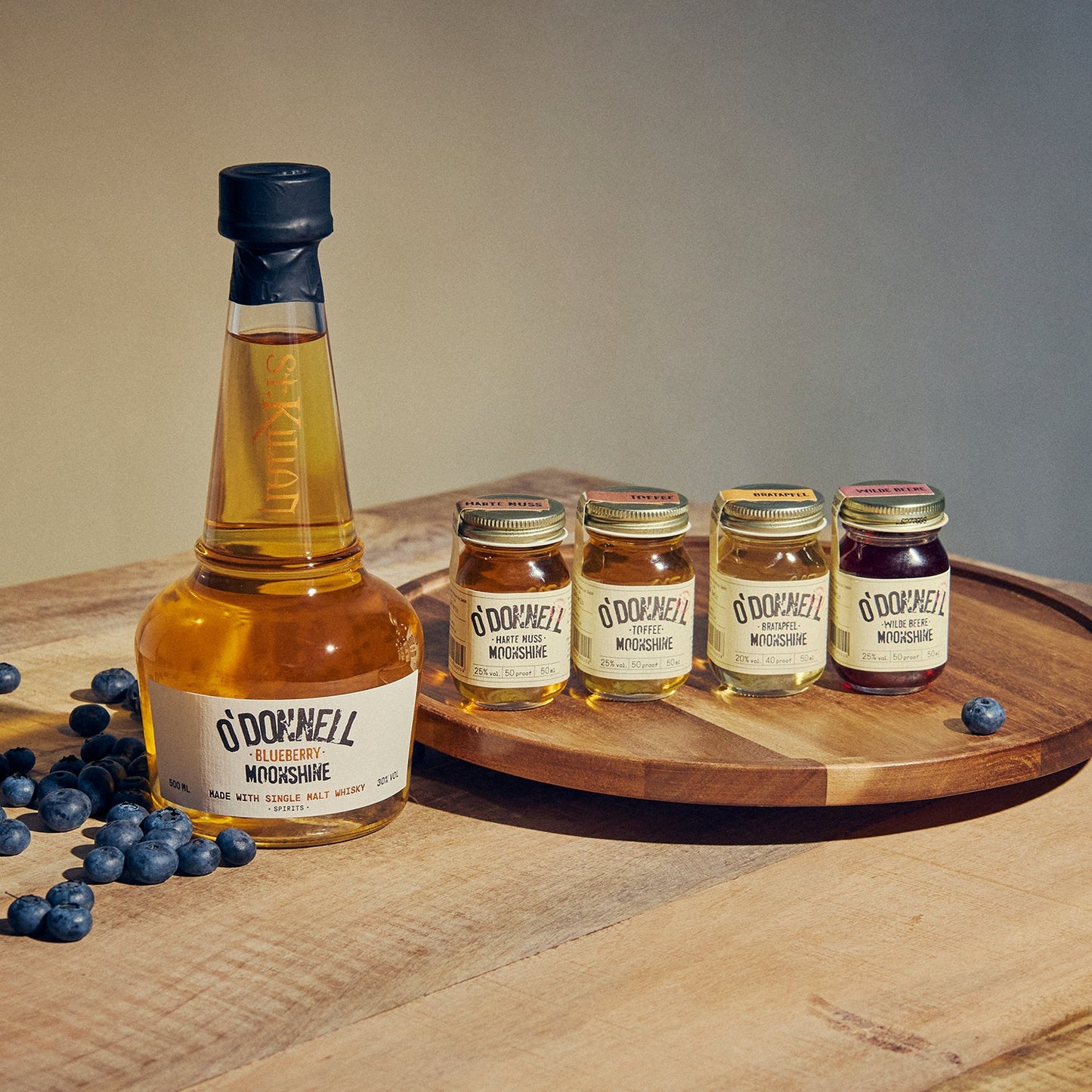 O'Donnell Blueberry Moonshine, O'Donnell und St.Kilian, hergestellt mit Single Malt Whisky und 4 minis