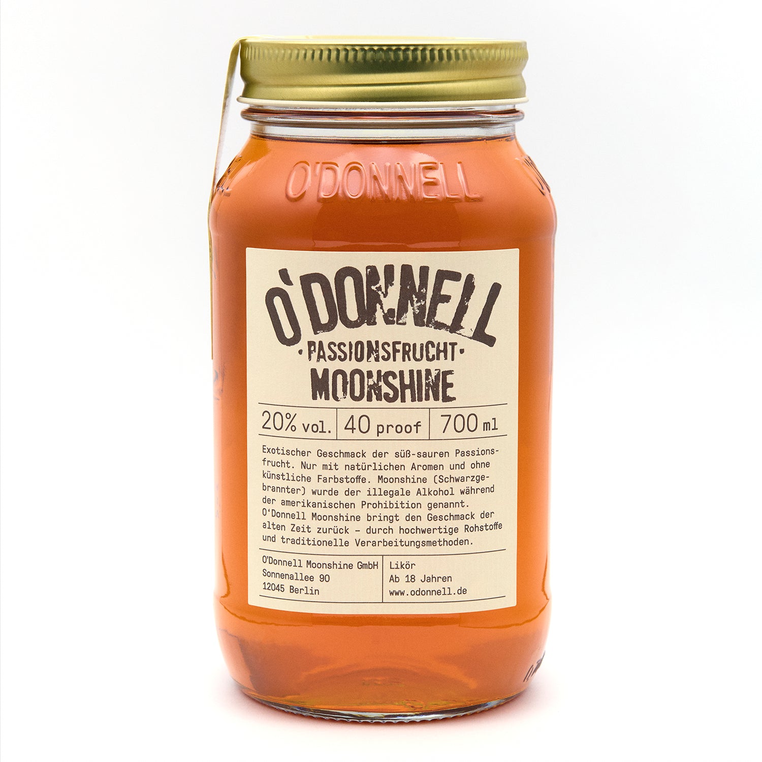 O'Donnell Passionsfrucht 700ml Moonshine auf weißem Hintergrund