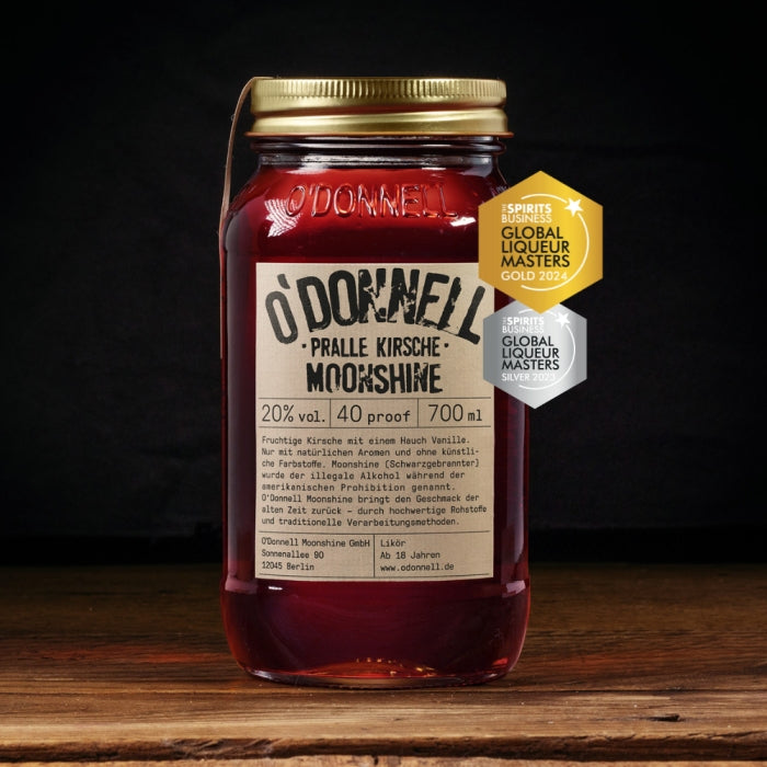 O’Donnell Moonshine - Pralle Kirsche Likör 700ml - The Spirits Business "Global Liqueur Masters" Gold und Silber Abzeichen