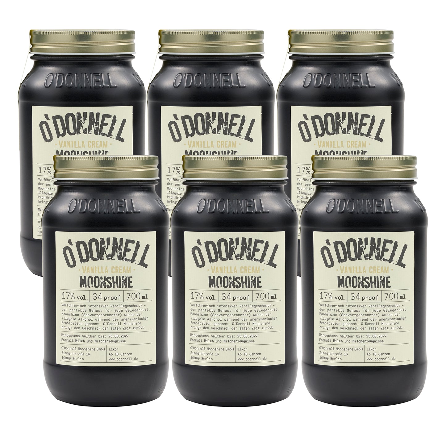 Sechs Flaschen O’Donnell Vanilla Cream Likör nebeneinander auf weißem Hintergrund