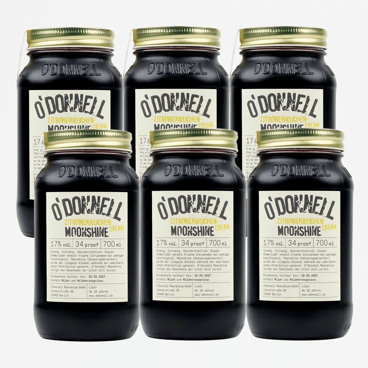 O'Donnell Moonshine Zitronenkuchen Cream 6er-Bundle – sechs 700ml-Flaschen auf weißem Hintergrund, 17% vol, 34 proof