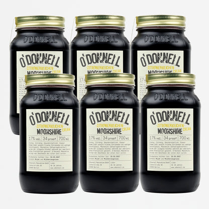 O'Donnell Moonshine Zitronenkuchen Cream 6er-Bundle – sechs 700ml-Flaschen auf weißem Hintergrund, 17% vol, 34 proof