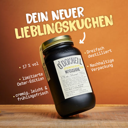 O'Donnell Moonshine Zitronenkuchen Cream 700ml – USP-Bild „Dein neuer Lieblingskuchen", limitierte Oster-Edition, 17% vol, cremig, dreifach destilliert, nachhaltige Verpackung