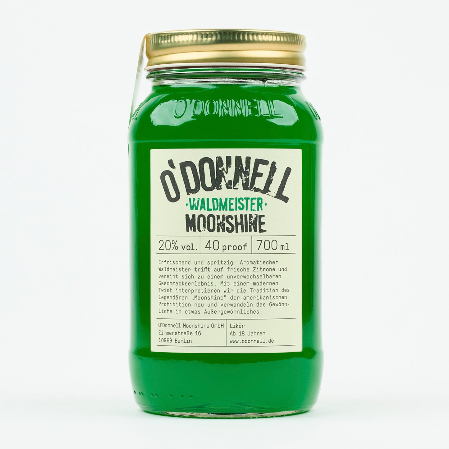 Das Produktbild des O'Donnell Moonshine Waldmeister Likör mit 20% vol.  im 700ml Mason Jar.
