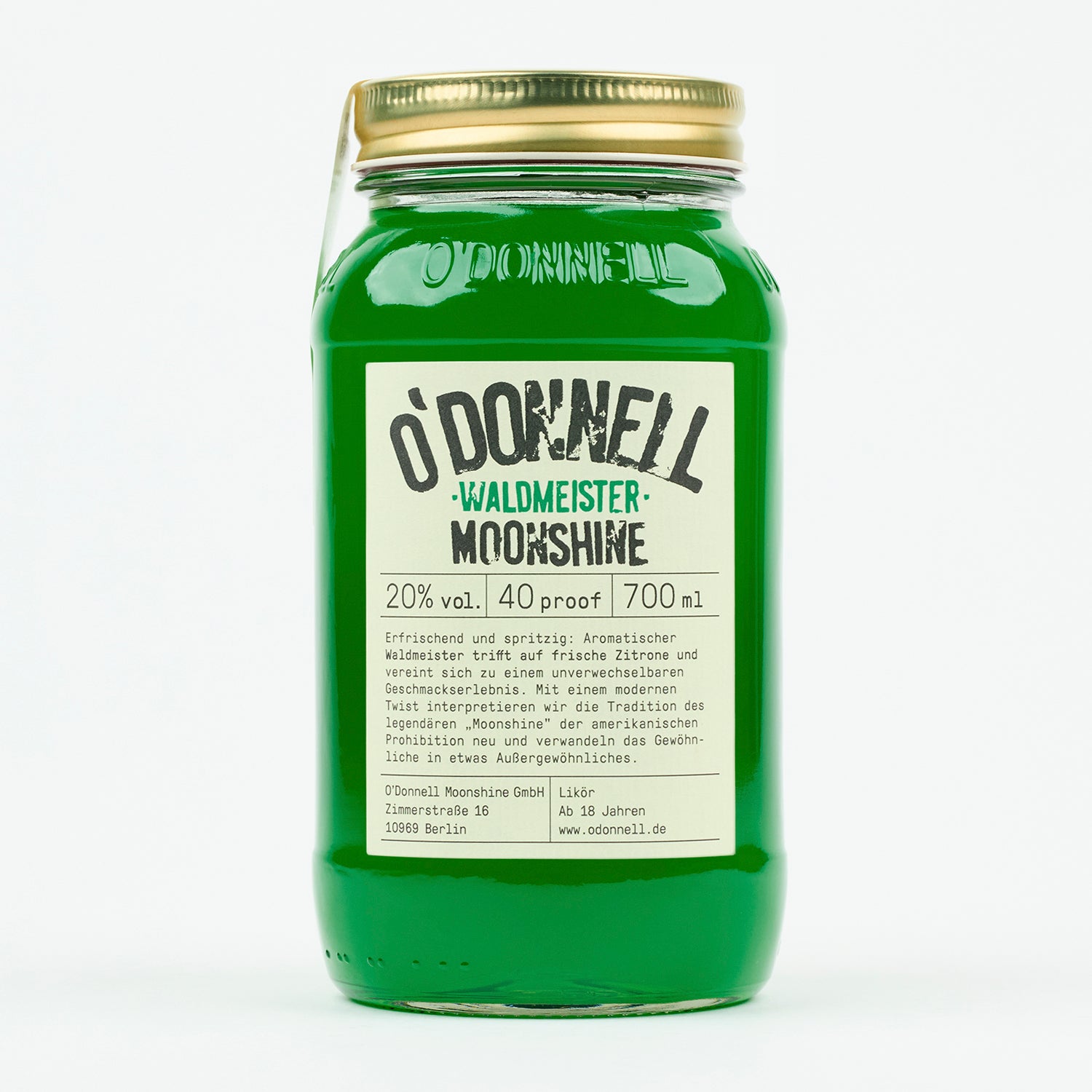 Das Produktbild des O'Donnell Moonshine Waldmeister Likör mit 20% vol.  im 700ml Mason Jar.