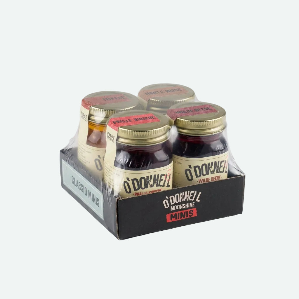 O'Donnell Moonshine 4er Minis 50ml Classic; Harte Nuss, Pralle Kirsche, Wilde Beere, Toffee