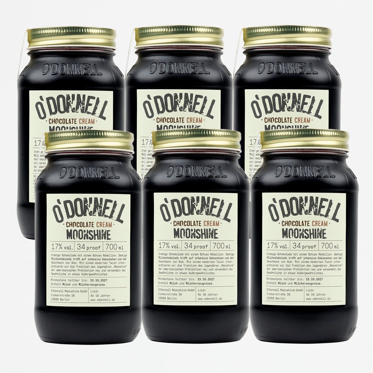 Sechs O'Donnell Moonshine Chocolate Cream 700ml Jars bei 34 proof bzw. 17% vol.