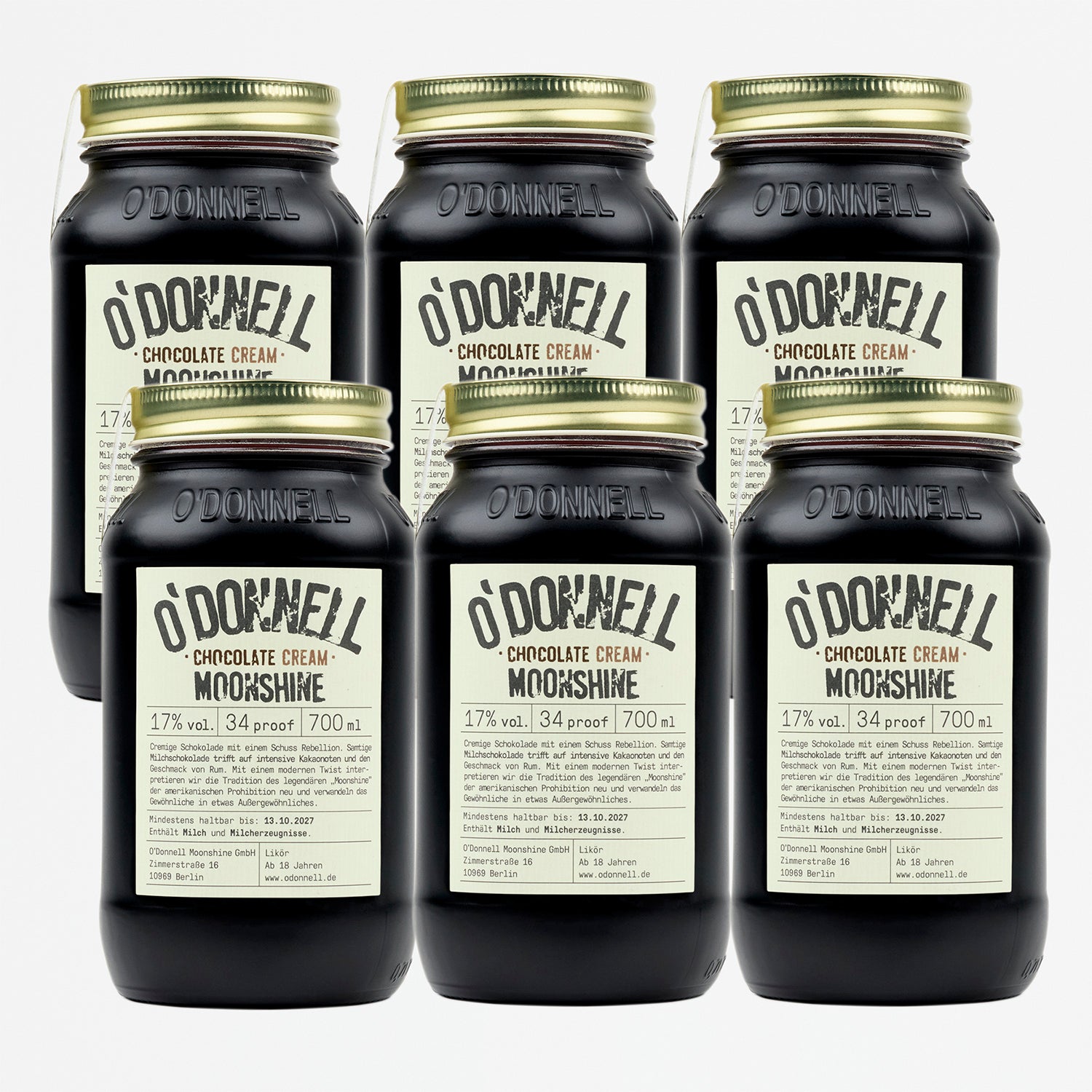Sechs O'Donnell Moonshine Chocolate Cream 700ml Jars bei 34 proof bzw. 17% vol.