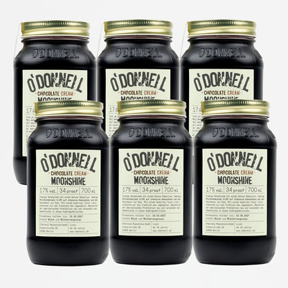 Sechs O'Donnell Moonshine Chocolate Cream 700ml Jars bei 34 proof bzw. 17% vol.