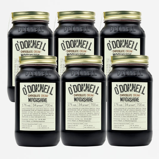 Sechs O'Donnell Moonshine Chocolate Cream 700ml Jars bei 34 proof bzw. 17% vol.