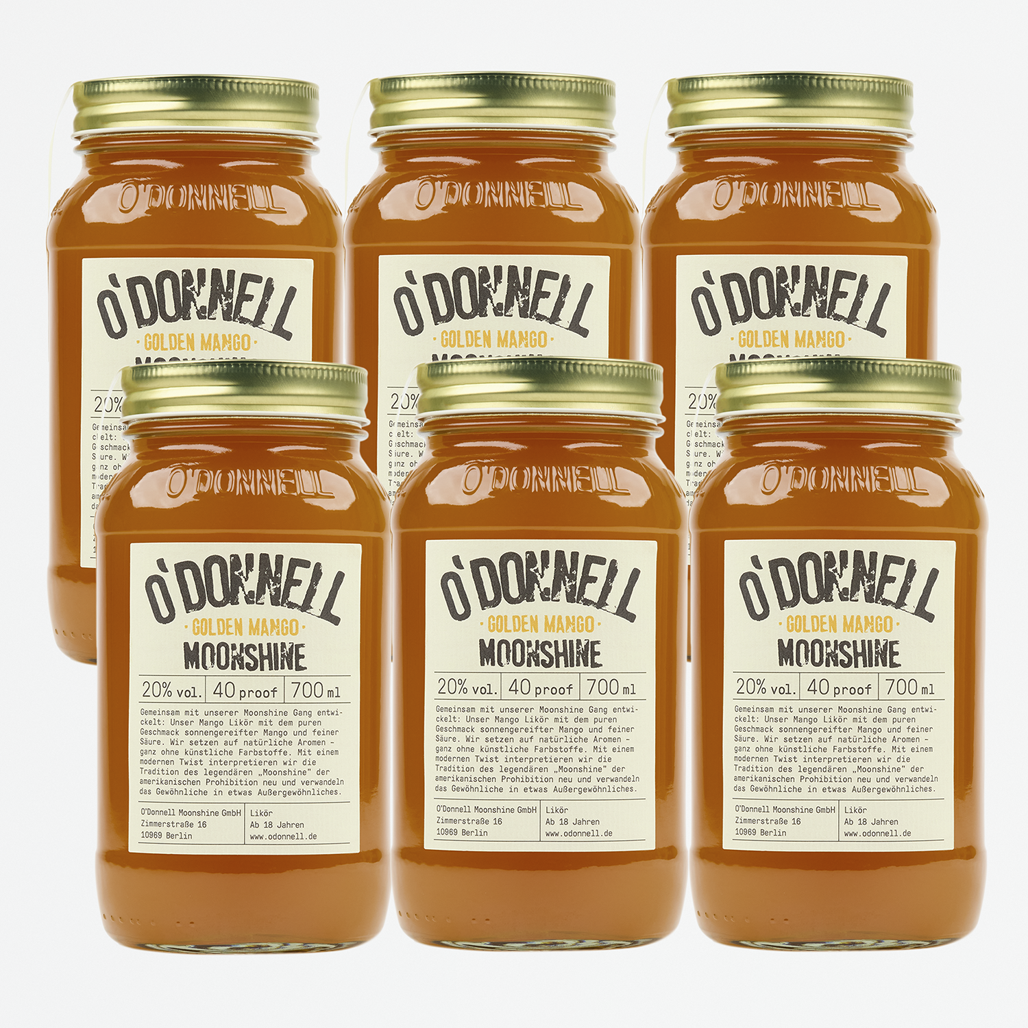 Das Produktbild des 6er Bundle vom O'Donnell Moonshine Golden Mango Likör.