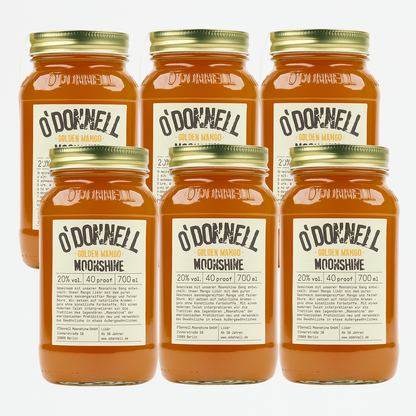 Das Produktbild des 6er Bundle vom O'Donnell Moonshine Golden Mango Likör.