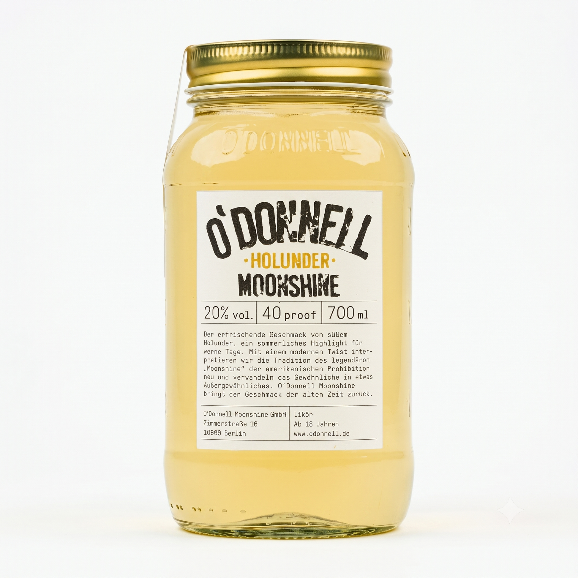 Das Produktbild des O'Donnell Moonshine 700ml Holunder Mason Jar mit 20% vol.