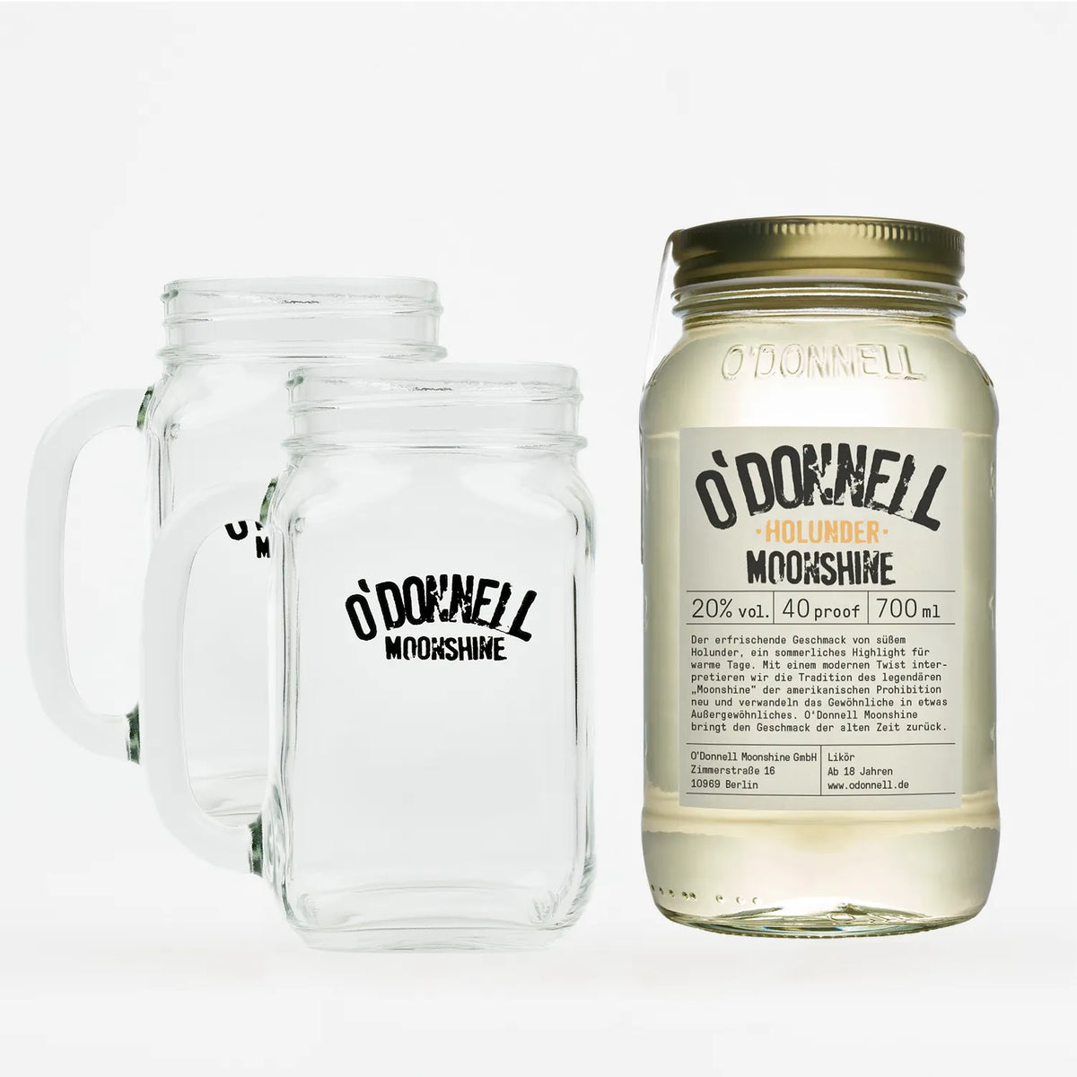 O'Donnell Moonshine Holunder mit zwei Henkelgläsern