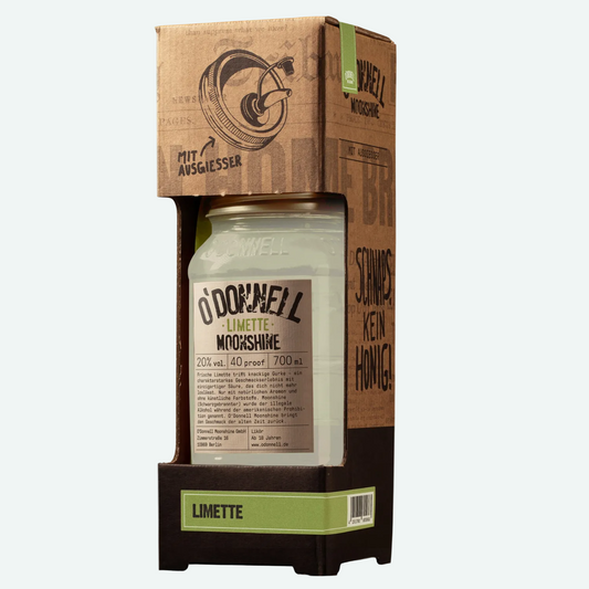 O'Donnell Moonshine Limette 700ml im Geschenkkarton mit Ausgießer – Kombi-Freisteller auf weißem Hintergrund, PDP-Produktbild