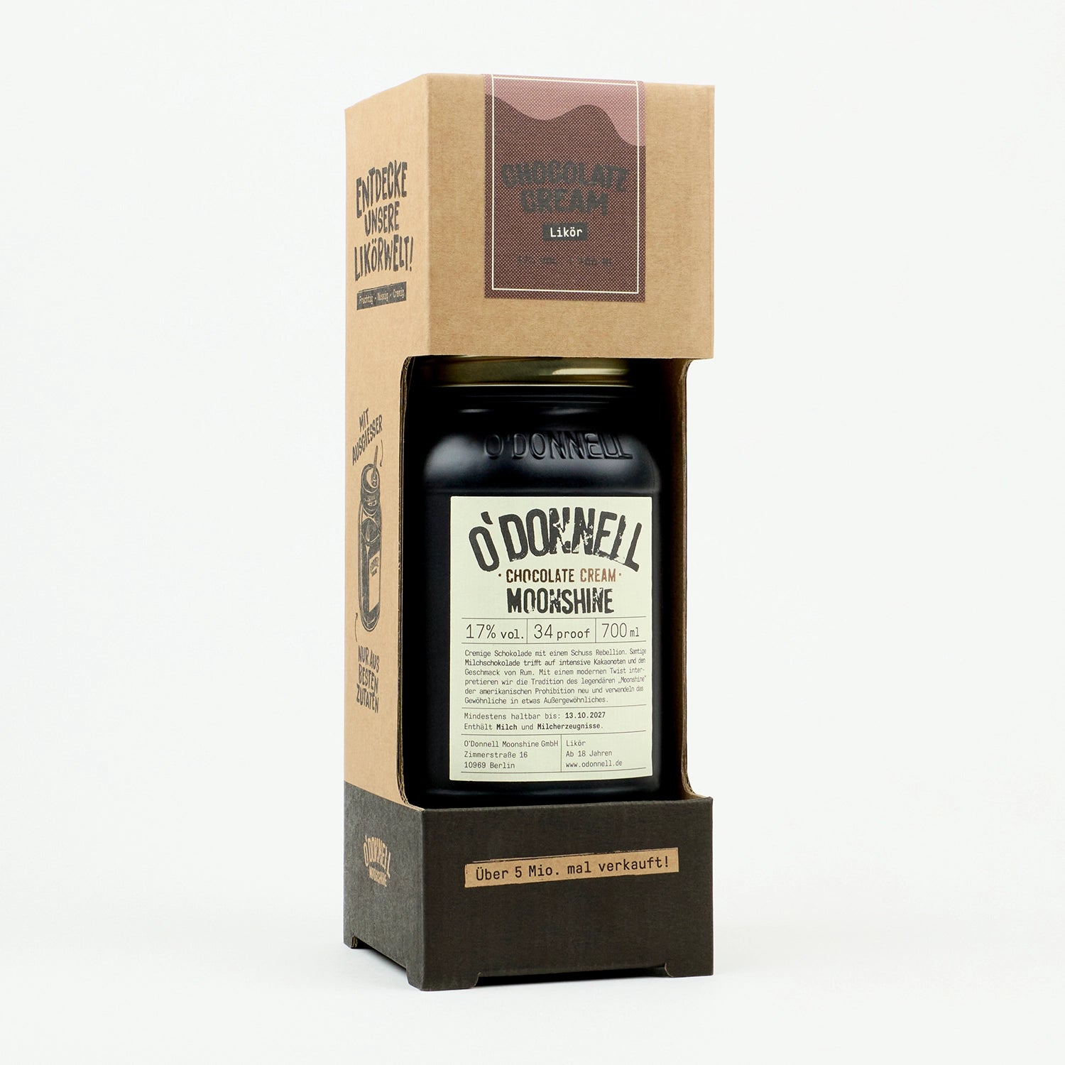 Der O'Donnell Moonshine Chocolate Cream 700ml Jar im Starter Set mit einem Ausgießer
