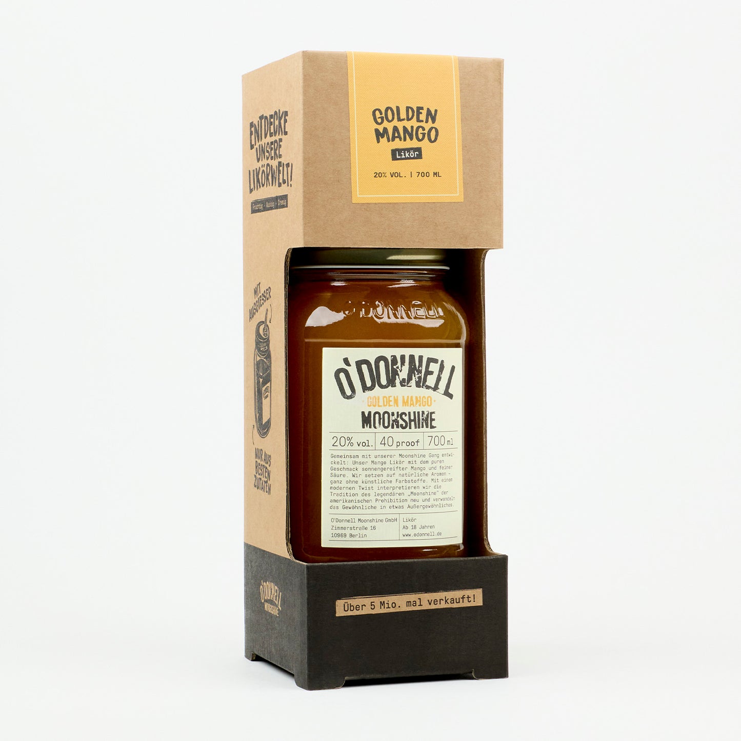 Der O'Donnell Moonshine Golden Mango Starter-Set mit einem Likör und einem Ausgießer.