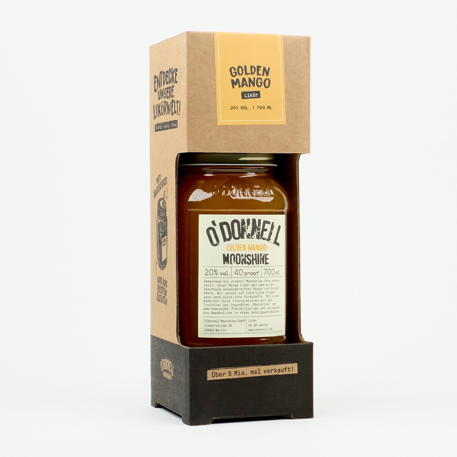 Der O'Donnell Moonshine Golden Mango Starter-Set mit einem Likör und einem Ausgießer.