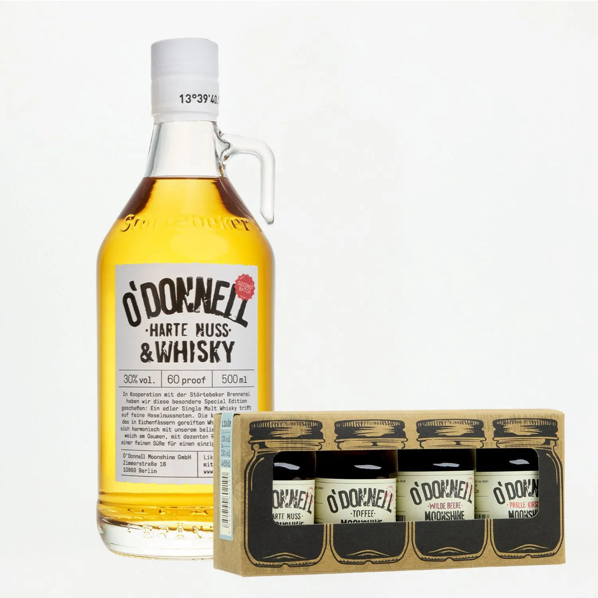 Der O'Donnell Moonshine Whisky x Harte Nuss Likör im Bundle mit 1x 500ml Sonder-Jar und 1x Mini Set.